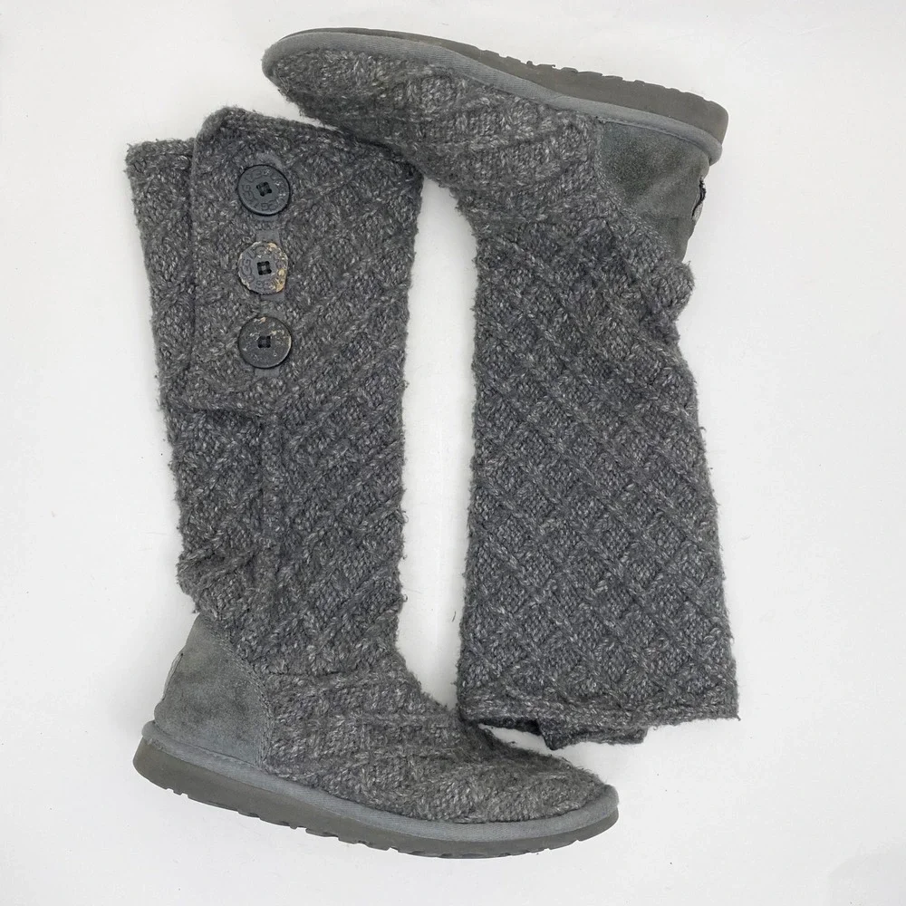 UGG Lattice Cardy Charcoal Gray Knit Tall Button Boots 3066 Womens Size‎ 6